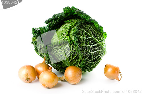 Image of fresh savoy cabbage and five onions