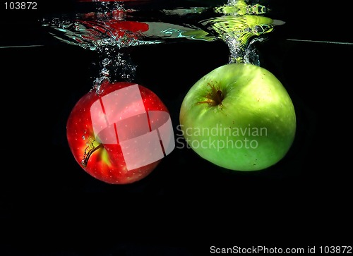 Image of Two apples falling into water