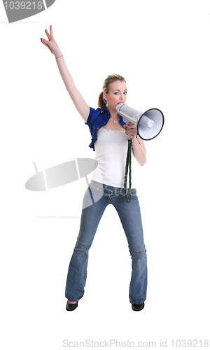 Image of young woman wiht megaphone or bullhorn