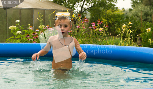 Image of The child bathes.