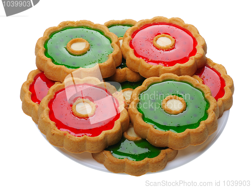 Image of Cookies with red and green jelly on white plate, isolated