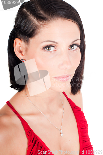 Image of Portrait of beautiful woman in red