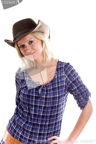 Image of western woman in cowboy shirt and hat 