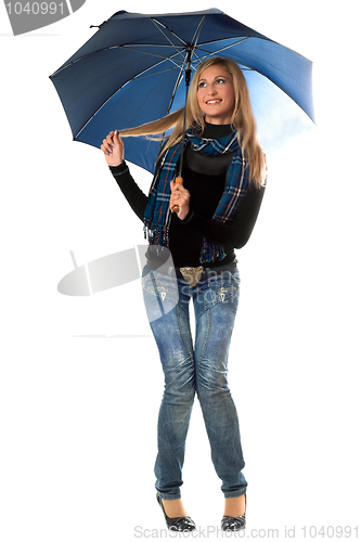 Image of Beautiful playful blonde with blue umbrella