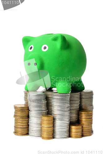 Image of Green Piggy Bank and Coins