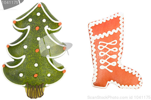 Image of christmas tree and red boot from gingerbread,  x-mas cookies