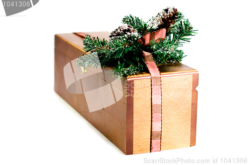 Image of wooden gift box with xmas decoration