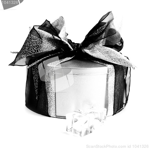 Image of metal gift box with xmas decorations