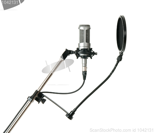 Image of Studio microphone with pop filter isolated on white