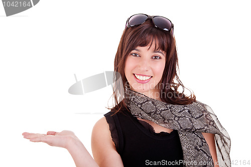 Image of Happy Woman Showing Your Product