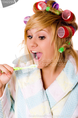 Image of funny housewife with curlers and toothbrush 