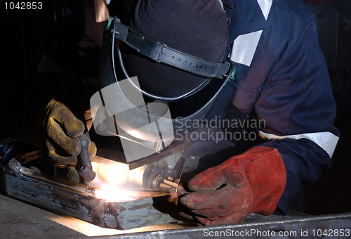 Image of TIG welding of metal frame close up