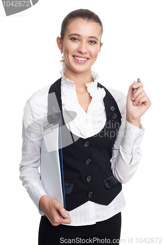 Image of Happy woman with pen and tablet