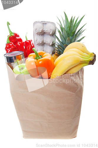 Image of A grocery bag full of  healthy fruits and vegetables 
