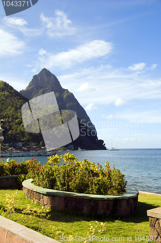 Image of waterfront park soufriere st. lucia with view of famous twin pit