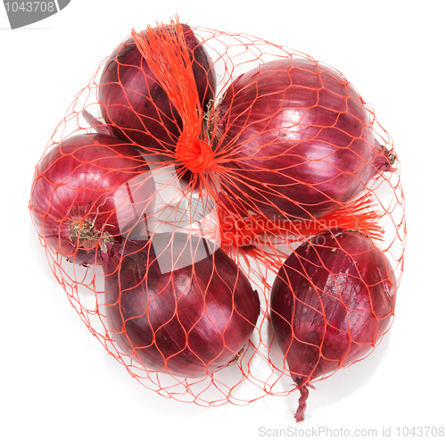 Image of Red onion in packing from red net