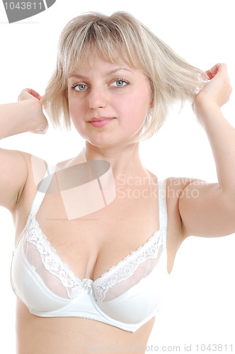 Image of beautiful blond woman wearing a bra