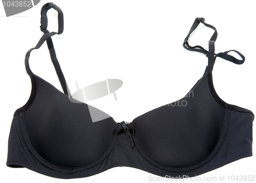 Image of Black lacy feminine bra on white background