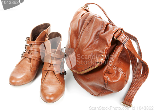 Image of Brown leather bag and pair feminine boots