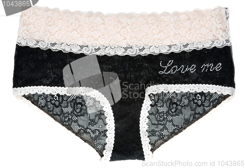 Image of Black lacy feminine panties with inscription love me