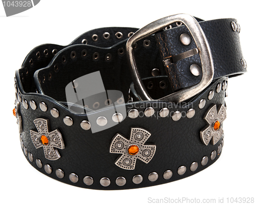 Image of Black leather belt with yellow stone and steel buckle