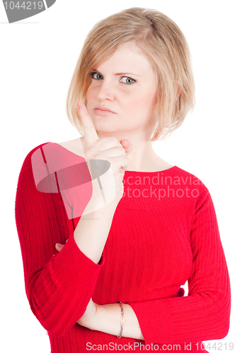 Image of Portrait of beautiful woman in red