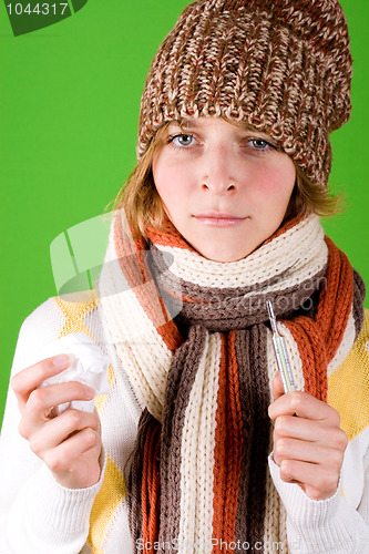 Image of woman with handkerchief and thermometer 