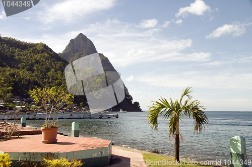 Image of waterfront park soufriere st. lucia with view of famous twin pit