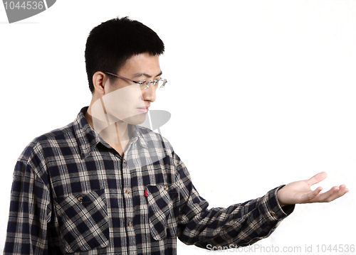 Image of student presenting over a white background 