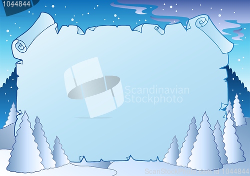 Image of Winter landscape with blue scroll