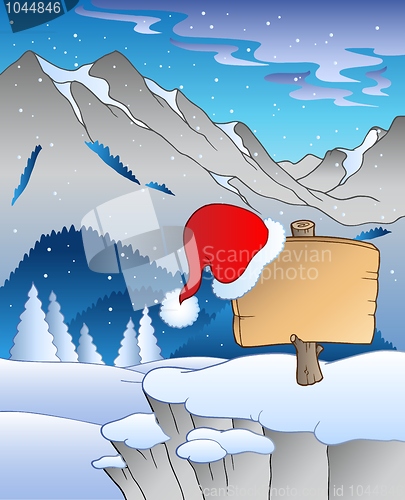 Image of Christmas board in winter landscape