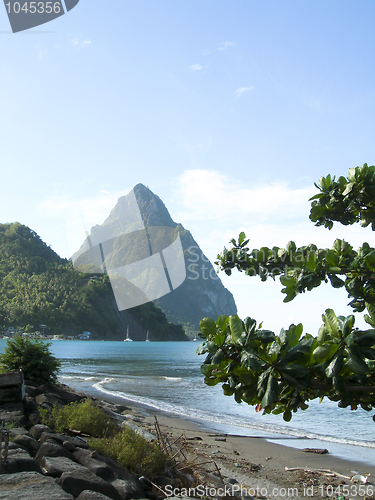 Image of Caribbean Sea view twin piton peaks  volcano mountains  Soufrier