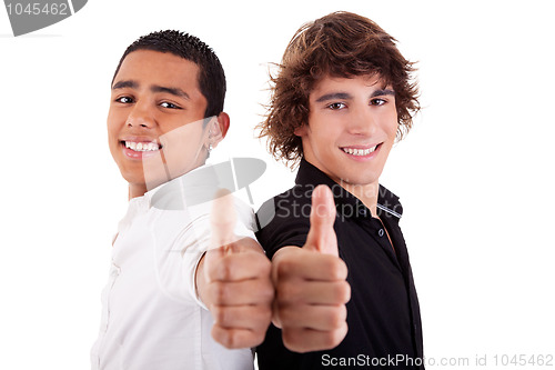 Image of two young man of different colors, with thumb up