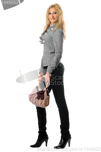 Image of Smiling pretty blonde with a handbag