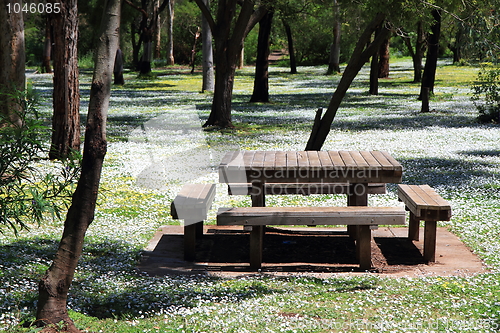 Image of Picnic table among trees and flowers