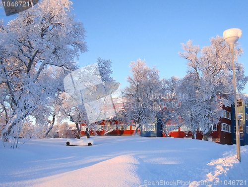 Image of Old hotel i frosty landscape