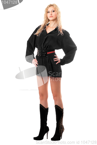 Image of Pretty young woman in black men's shirts