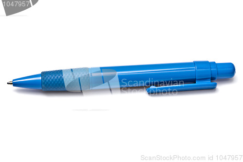 Image of Blue ball point pen closeup