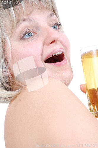 Image of beautiful blond woman with beer