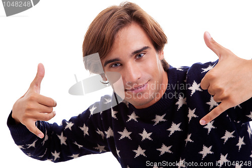 Image of young man with his hands rise up as a sign of everything cool,