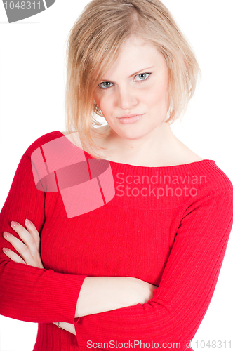 Image of Portrait of beautiful woman in red