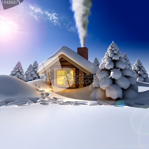 Image of A small wooden house in a fantastic snow forest on the eve of Ne