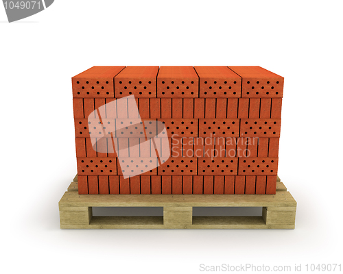 Image of Stack of orange bricks on pallet, isolated on white 