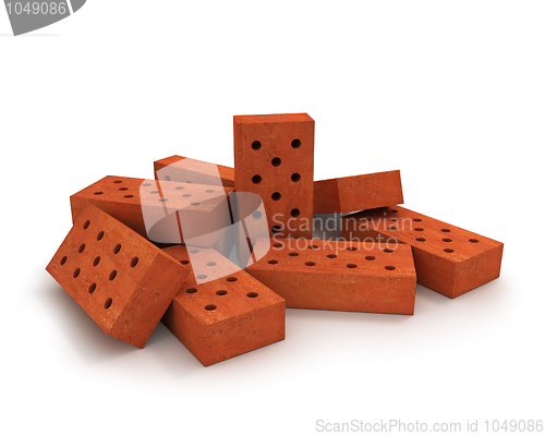 Image of Heap of orange bricks isolated on white 