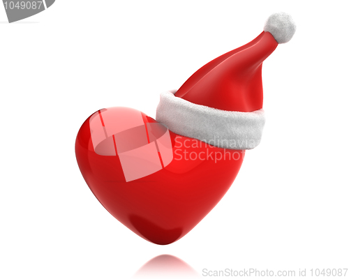 Image of Red shiny heart with santa hat isolated