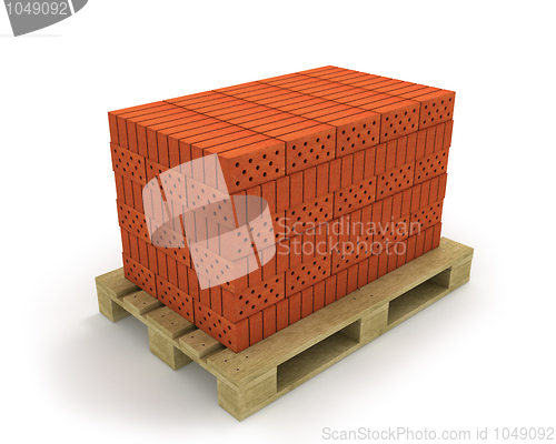 Image of Stack of orange bricks on pallet, isolated on white, diagonal vi