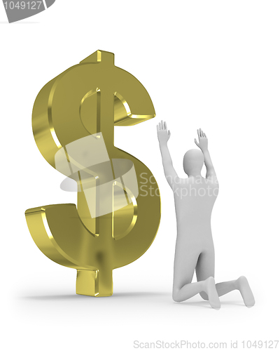 Image of 3D man worships big dollar sign