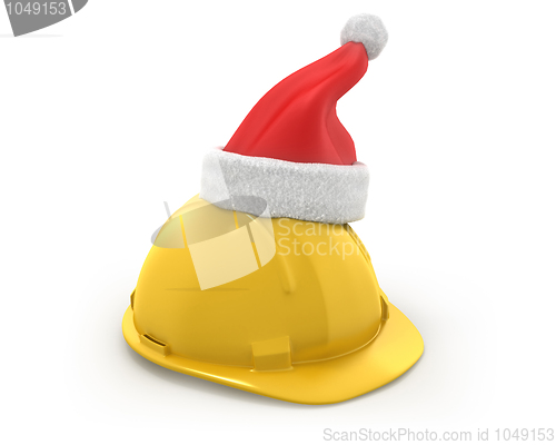 Image of Yellow helmet with santa claus hat on top 