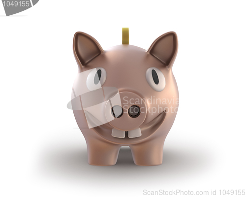 Image of Piggy bank with a coin smiling front view
