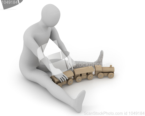 Image of 3D white man plays with wooden train